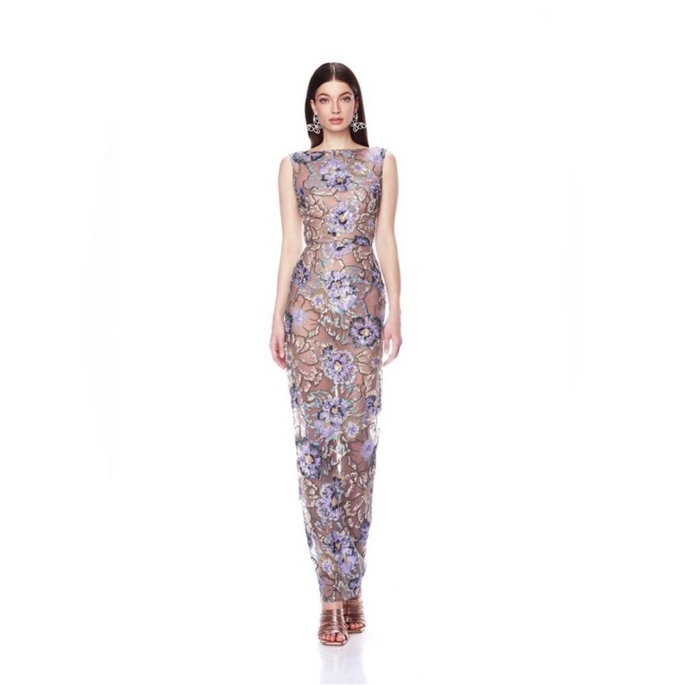 Bronx and Banco Gray Maxi Dress with Lavender Floral Embroidery